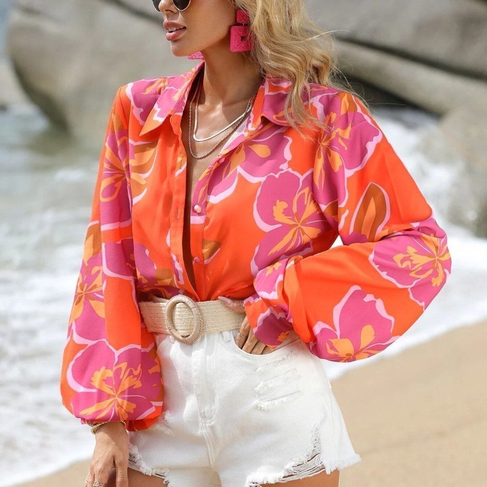 Orange Boho Womens Floral Print Lantern Sleeve Shirt - Picture 5 of 5